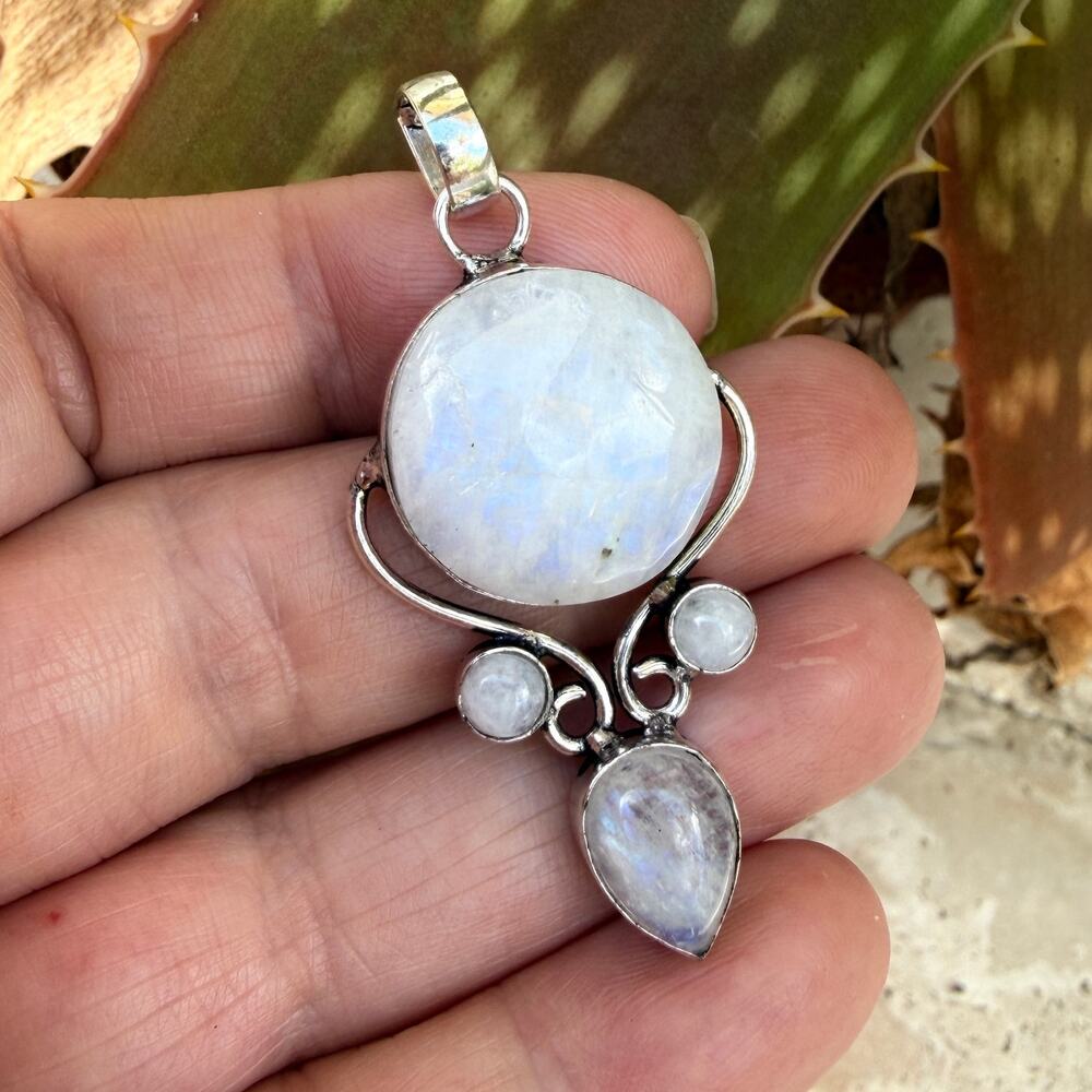 Rainbow Moonstone Statement Pendant 925 Silver Overlay